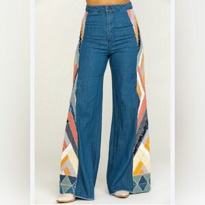 Twenty Blue Wide-Leg Jeans with Multicolor Chevron Panels